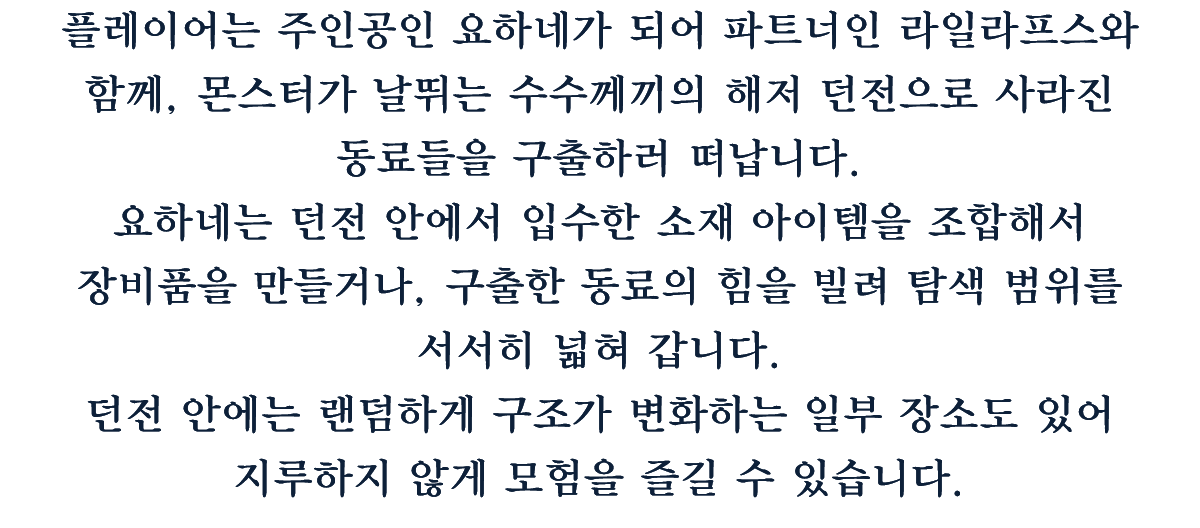 플레이어는 주인공인 요하네가 되어 파트너인 라일라프스와 함께, 몬스터가 날뛰는 수수께끼의 해저 던전으로 사라진 동료들을 구출하러 떠납니다.